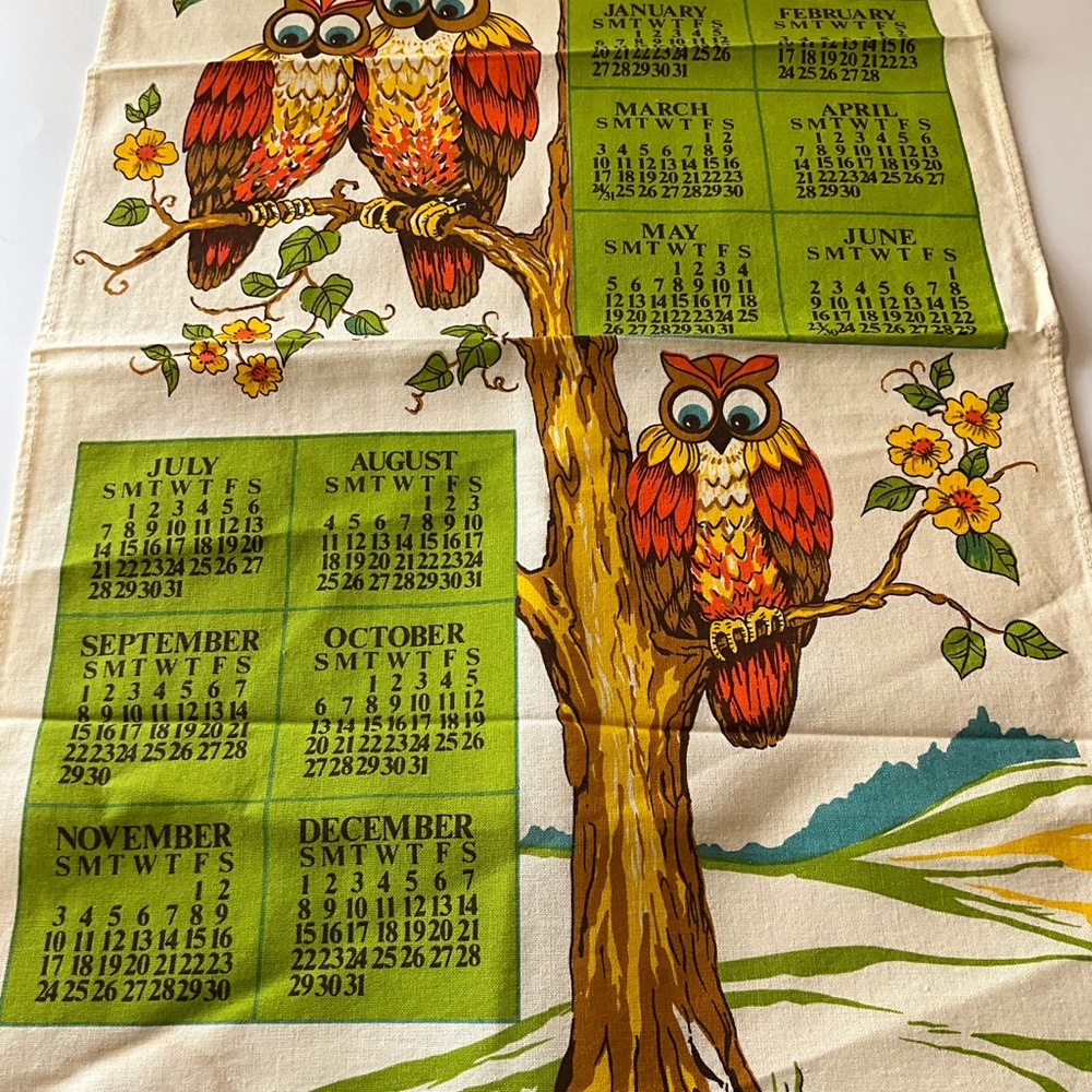 Vtg Tea Towel Calendar Owls In Tree Give Thanks Fruits Flowers Mushrooms - Picture 5 of 9
